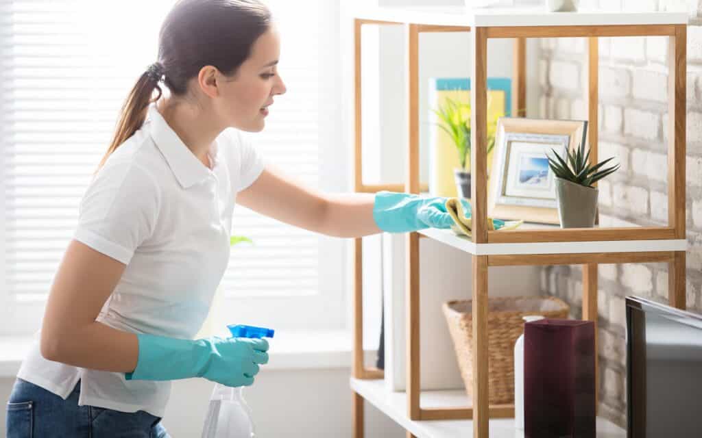 Image of a person dusting off shelves in their home.